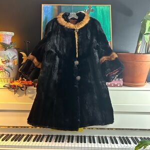 Vintage 50s 60s Boho Retro Black and Brown Fur Jacket w Bell Sleeves Medium